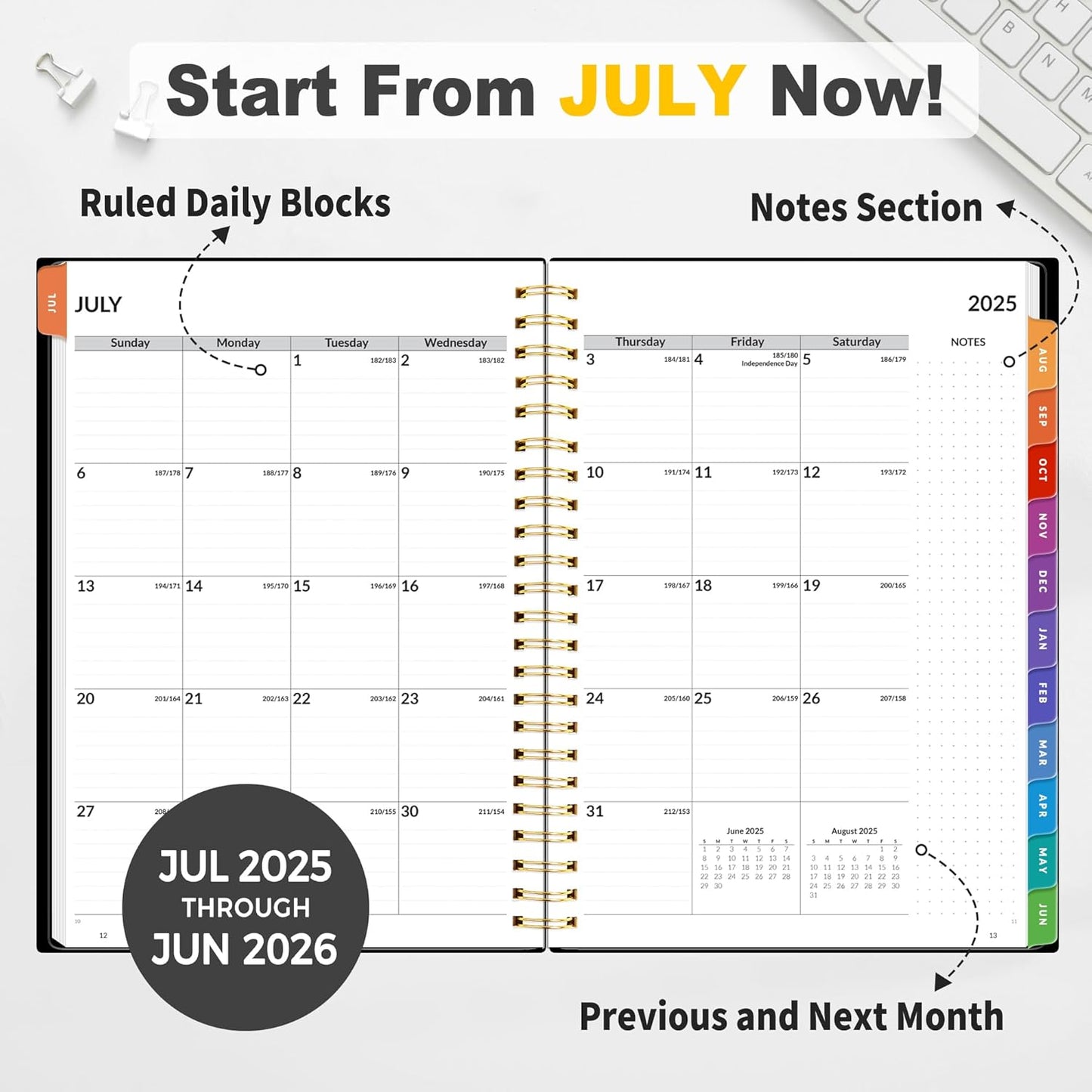 SUNEE 2025-2026 Appointment Book, Quarter-Hourly, Weekly & Monthly - from July 2025 to June 2026, 8.5"x11" Academic Planner, Flexible Cover, Note Pages, Bookmark, Spiral Binding, Black