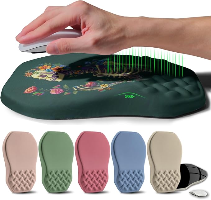 Ergonomic Raised Mouse Pad Wrist Support with Bilateral Slope Memory Foam Mousepad for Wrist Rest and Carpal Tunnel Pain Relief 11.8x7.9〃Skeleton Flower
