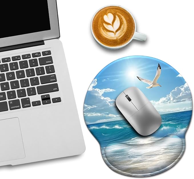 LIMKRIAN Beach Ocean Ergonomic Mouse Pad with Gel Wrist Rest, 9.8 x 8.6 in | Comfort Ergonomic Wrist Support, Non-Slip PU Base, Pain Relief, Funny Computer Mousepad, Cute Office Desk Accessories Decor