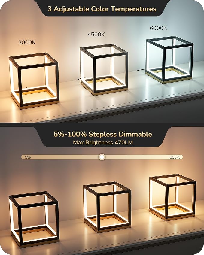 EDISHINE Modern LED Table Lamp, Minimalist Bedside Lamp for Living Room | Solid Wood Base, 3 Way Dimmable, 3000K/4500K/6000K, 470LM, Black Gold Square Geometric for Bedroom, Office