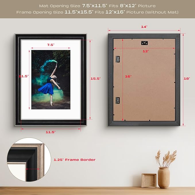 Golden State Art, 12x16 Silver Trim Black Frame - White Mat for 8x12 Photo - Vintage Antique Style - Brushed Texture Finish - Wall Mounting - Portrait/Landscape - Tempered Glass