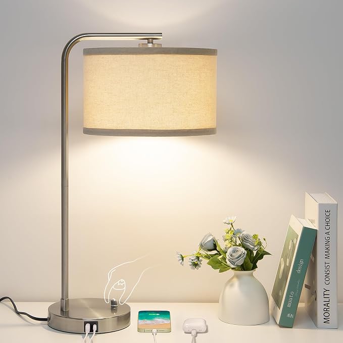 25" Tall Modern Bedside Lamp with USB C+A Ports, Fully Dimmable Table Lamp | NightstanDesk Lamp with Beige Drum Shade, Silver Finish Side Table Lamp for Living Room Bedroom Office, LED Bulb Included