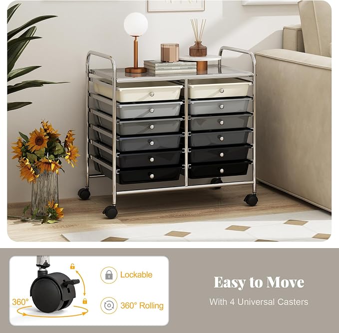 RELAX4LIFE 12-Drawer Rolling Storage Cart - Mobile Utility Cart on Wheels for School Classroom Teacher Office Salon, Paper File Art Supply Craft Organizer, Rolling Cart with Drawers (Gradient Black)
