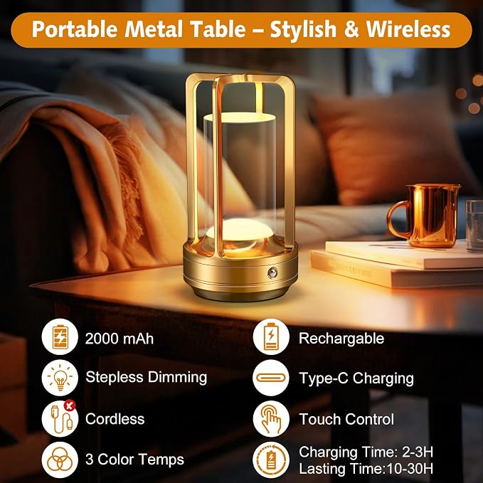 Rechargeable Table Lamp for Outdoor Indoor Portable Lamp with 3 Colors | Cordless Table Lamps - Dimmable LED Metal Battery Operated Lantern - Small Table Lamp for Bedroom/Bar/Coffee Shop/Camping
