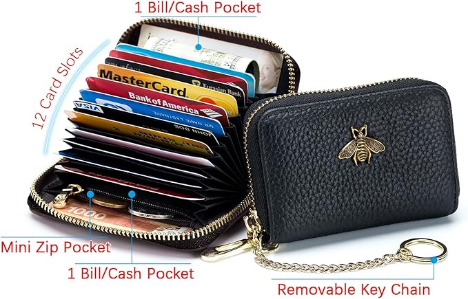 imeetu RFID Credit Card Holder, Small Card Wallet Women, Leather Card Case | Genuine Leather Women's Card & id Cases, Change Coin Purse with Zipper Keychain id Window, 20 Colors & 3 Styles, Daily, Gifts