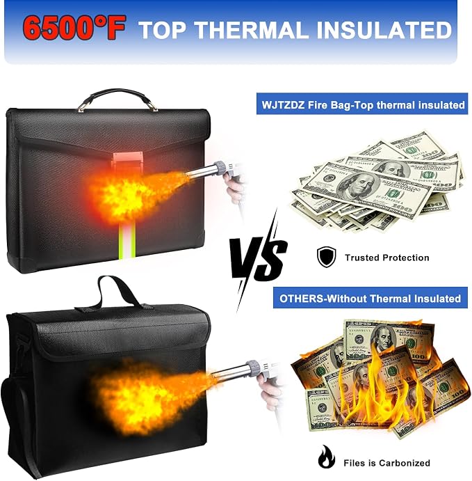 6500°F Fireproof Document Bag with Lock,Upgraded Fireproof/Waterproof Money Bag with Zipper/Reflective Strip,Storage Pouch for A4 Letter Size Document,Cash,Cell Phone,Passport
