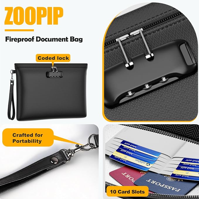 Fireproof Document Bag with Lock, ZOOPIP 14.6"x10.5" Fireproof and Waterproof Money Bag with Zipper Closure, Storage Pouch for A4 Letter Size Document, Cash, Cell Phone, Passport-Black