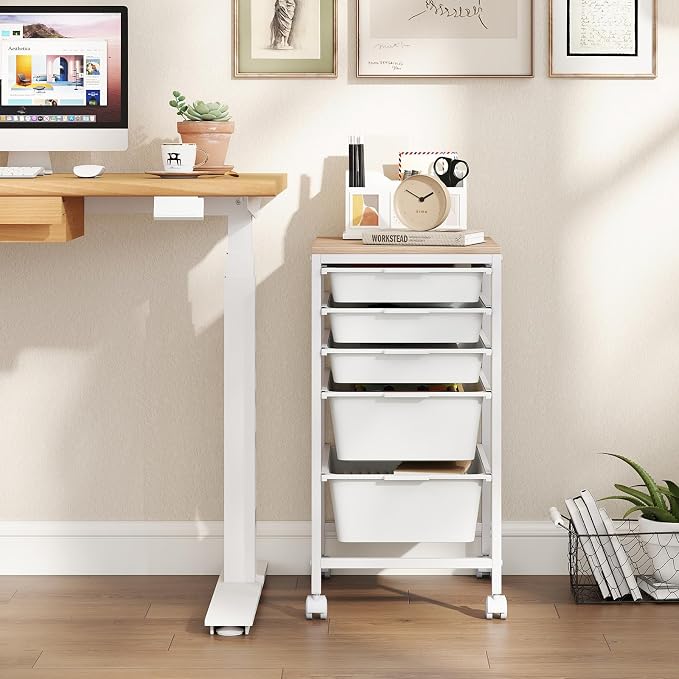 Giantex Rolling Storage Cart with 5 Drawers, Utility Cart w/Wooden Tabletop, Lockable Wheels, Multipurpose Organizer for Art Craft Books Paper, Drawer Carts for Dorm Classroom Office, White