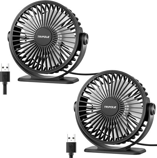 TriPole Small Desk Fan USB Powered 2 Pack Black, Portable Quiet Mini Fan | 3 Speeds, 360°Rotation, Desk Fans Small Quiet, 4.9ft Cable, Strong Breeze for Desktop Bedroom Office Table Travel