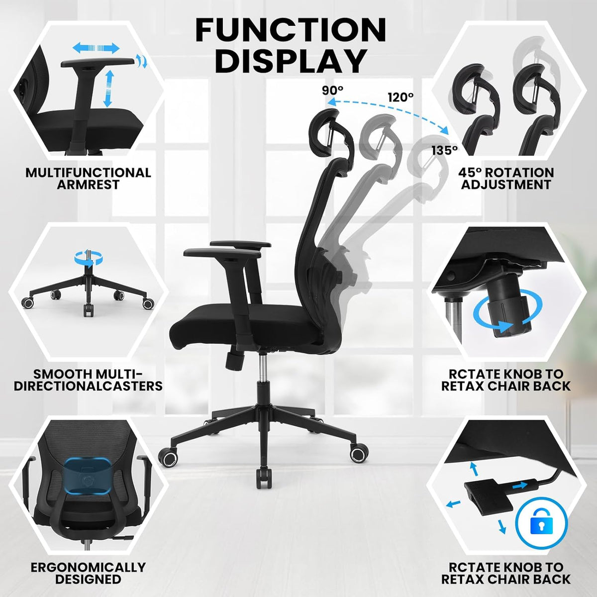 Ergonomic Office Mesh Chair, High Back Swivel Comfty Desk Chairs- 3D Armrest Adjustable Lumbar Support Capacity 400lbs and Headrest Wide for Home & Office, Bedroom (Black)