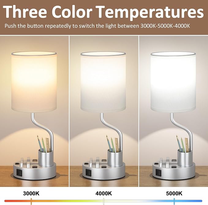 Bedside Lamps for Bedroom Set of 2 - Table Desk Lamp for Nightstand | 15" Table Lamp for Living Room with Pen Holder & Phone Stand, USB A+C Port, AC Outlet, 3 Color Temperature, LED Bulb Included
