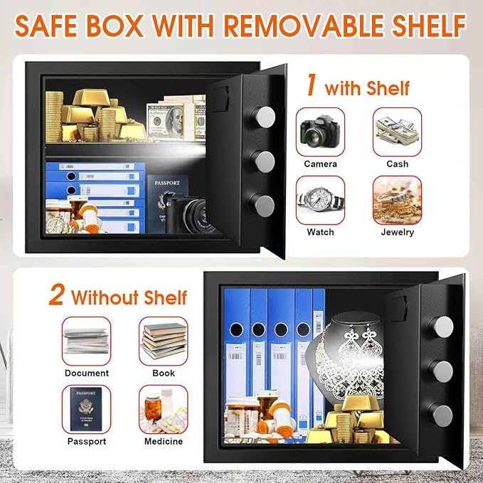 1.3 Cuft Small Fireproof Safe for Home, Personal Security Fire Safe Box with Digital Keypad, Spare Key and Removable Shelf, Home Safes Water and Fireproof for Money, Jewelry