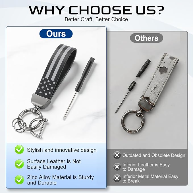 JUSTTOP Leather Keychain, American Flag Car Keychain with Anti-Lost D-Ring and 2 Key Rings, Key chain for Men