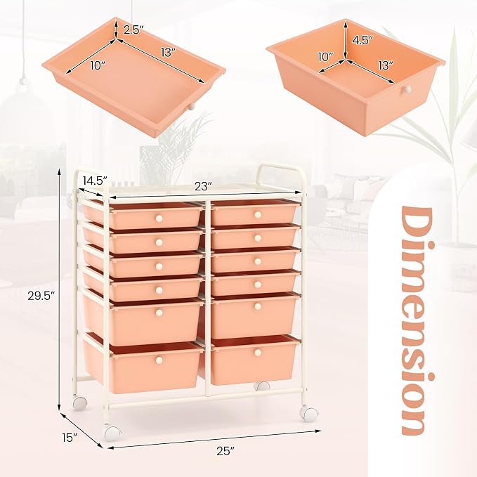 12 Drawer Rolling Storage Cart, Craft Cart Organizer on Wheels w/Metal Frame, Large Capacity & Smooth Drawer, Rolling Cart w/Drawers for Classroom, Office