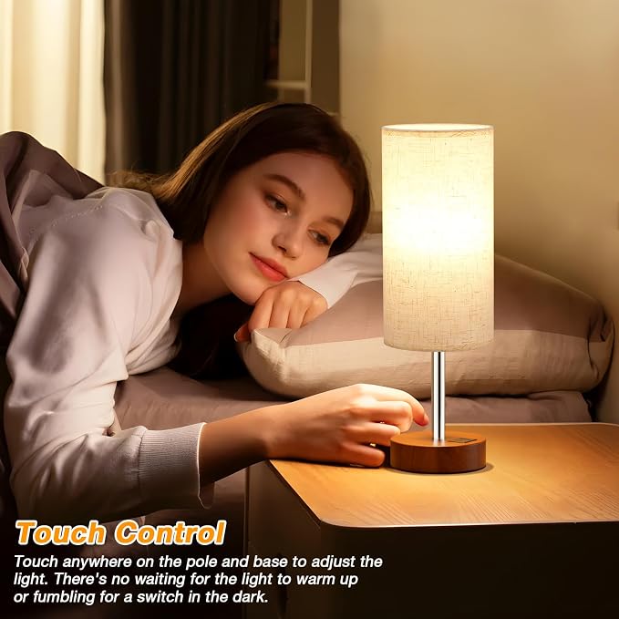 Dicoool Bedside Table Lamp for Bedroom - 3-Way Dimmable Touch Lamp, USB A+C | LED Bulb Included, 14" Small Nightstand Lamp for Desk, Living Room, Guest Room, Cream Fabric Lampshade, Redwood Metal Base
