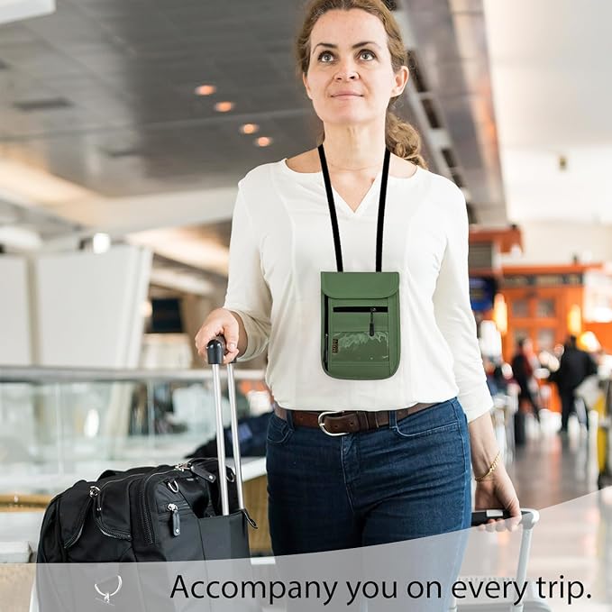 RFID Blocking Travel Neck Wallet Pouch and Passport Holder, Travel Neck Pouch Passport Holder for Women & Men - Army Green