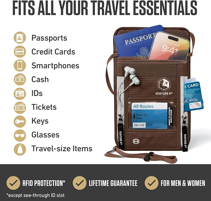 VENTURE 4TH Travel Neck Wallet, RFID Blocking Passport Holder - Brown