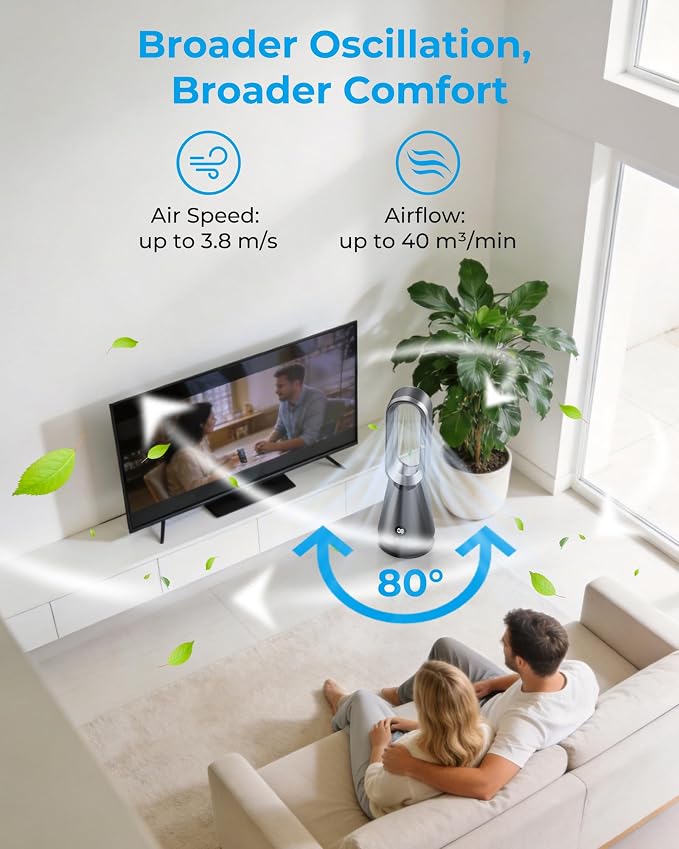 22" Small 32dB Silent Bladeless Tower Fan with Remote, Magnetic Washable Filter, LED Display, 8 Speed Settings, 80 Oscillation, 1-9H Timer, 30W Energy Saving for Indoor Use Bedroom and Office