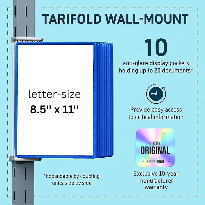 Tarifold Wall Mount Reference System, 10 Pockets, Expandable, Blue | 10 double-sided PVC pockets hold 20 letter-size sheets, sturdy wall-mount bracket, snap-on index tabs, easy to install