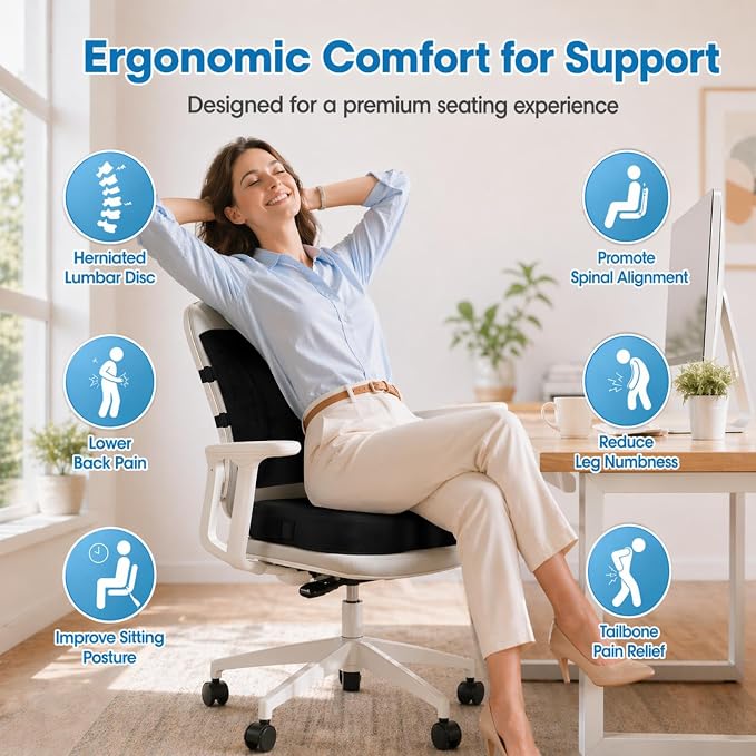 CloudBliss Lumbar Support Pillow & Seat Cushion Set for Office Chair, Desk Chair, Wheelchair & Car–Memory Foam Back Support,Ergonomic Chair Cushions,Sciatica Pain Relief,Home Essentials(Black,XL)
