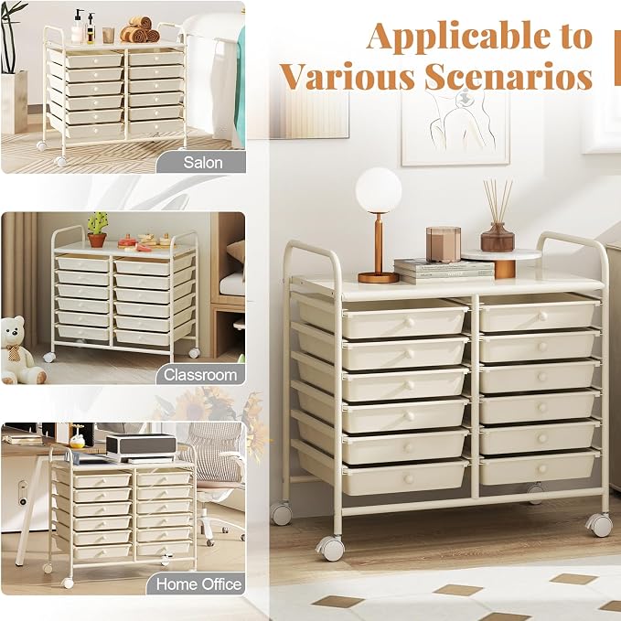 RELAX4LIFE 12-Drawer Rolling Storage Cart - Mobile Utility Cart on Wheels for School Classroom Teacher Office Salon, Paper File Art Supply Craft Organizer, Rolling Cart with Drawers (White)