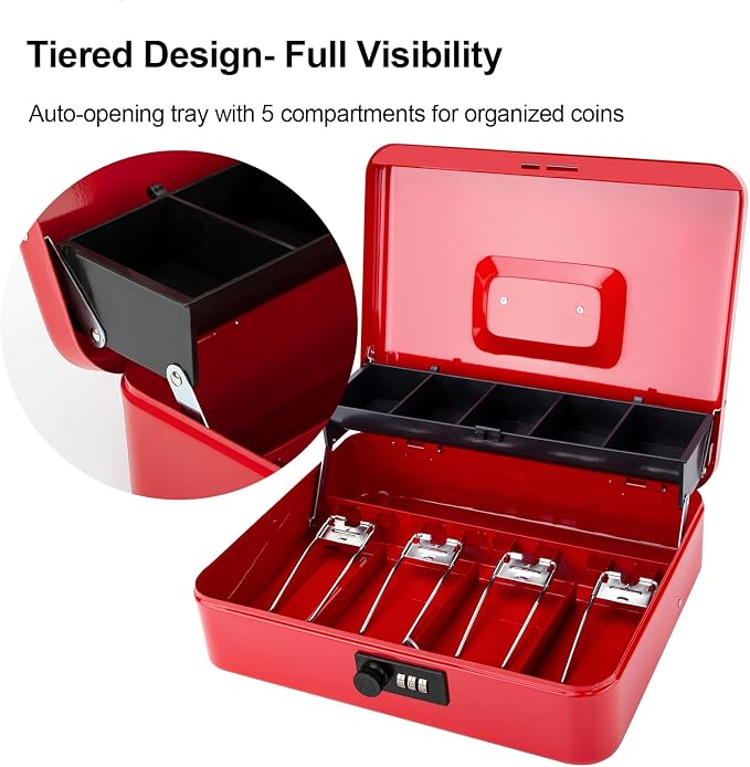 Jssmst Cash Box with Money Tray and Lock - Red Cash Box with Combination Lock Safe Money Box Large, Locking Cash Register Drawer Box, 11.8'' x 9.5'' x 3.5'', SM-CB005RED