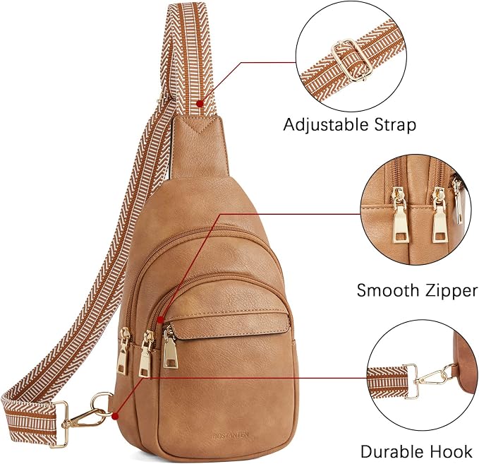 BOSTANTEN Sling Bag for Women Leather Crossbody Bags Fanny Pack Chest Bag for Travel | Adjustable Wide Strap, Small, Anti Theft, Lightweight, Multi Pockets and Carrying Way, Card Slot, Cute Trendy for Everyday