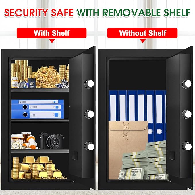 5.1 Cuft Large Home Safes Water and Fireproof with Digital Keypad & Key Lock, Fire Security Safes with 3 Removable Shelves, Anti-Pry Safe Box for Money Documents Jewelry, 23.62"H x14.96"W x 12.2"D