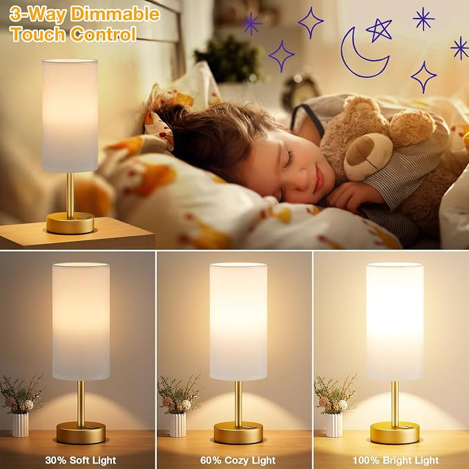 Dicoool Bedside Table Lamp for Bedroom - 3-Way Dimmable Touch Lamp, USB A+C | LED Bulb Included, 14" Small Nightstand Lamp for Desk, Living Room, Guest Room, White Fabric Lampshade, Gold Metal Base