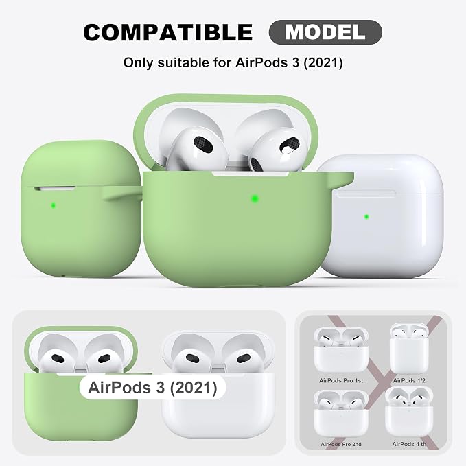 R-fun Compatible with AirPods 3 Case Cover, Silicone Protective Accessories Skin with Keychain Compatible with Apple AirPod 3rd Generation 2021 for Women Men Girls Boys,Front LED Visible,Avocado