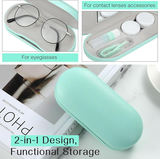 MoKo Double Eyeglass Case, Contact Lens Case with Mirror Tweezers Remover, 2 in 1 Double Sided Portable Contact Lens Box Holder Container Soak Storage Kit Sunglasses Pouch for Men & Women, Green