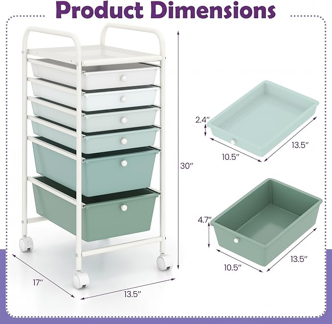 COSTWAY 6-Drawer Rolling Storage Cart, Art Craft Tools Organizer on Wheels | Multifunctional Heavy Duty Utility Mobile Storage Trolley w/ 2 Lockable Wheels for Home Office School (Green Gradient)