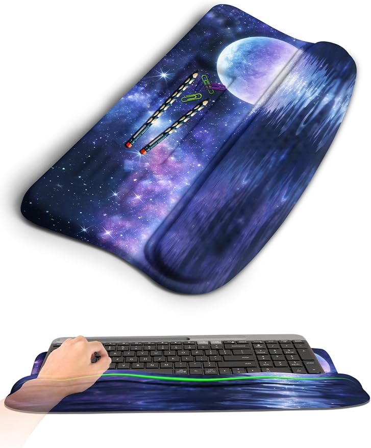 Ergonomic Wave Wrist Rest with Keyboard Stand, Cushioned Palm Rest, Comfortable Integrated Memory Foam for Natural Typing and Relieve Wrist Pain, Moon and Starry Sky