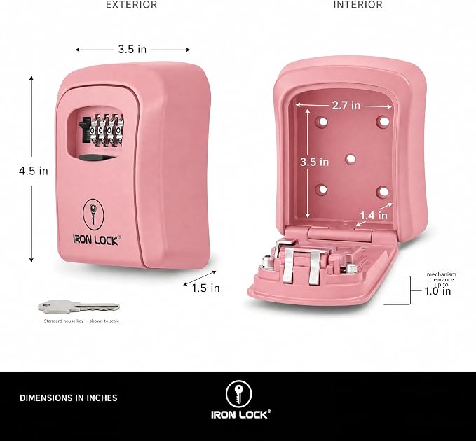 Iron Lock® Medium Wall Mount Combination Key Lock Box, Outdoor (Pink) | Screw-in wall mount (4 screws + 4 anchors) — not magnetic, does not hang; weather-resistant zinc alloy, includes key hanger