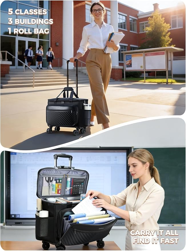 Rolling Teacher Bag with 4-Wheels 360° Spinner, Hardside Large | Laptop Rolling Briefcase for Women Teacher Office Craft Nurse, Roller Tote Work Bag with Accordion File, V-Quilted Black