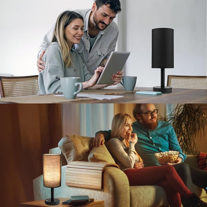 LALISU Small Table Lamp Nightstand Lamp Linen Lampshade Bedroom Wood Base Small Bedside Lamp for Night Stands, Desk Lamps for Reading Living Room, Office (LED Bulb Included) (Black and Cordless)