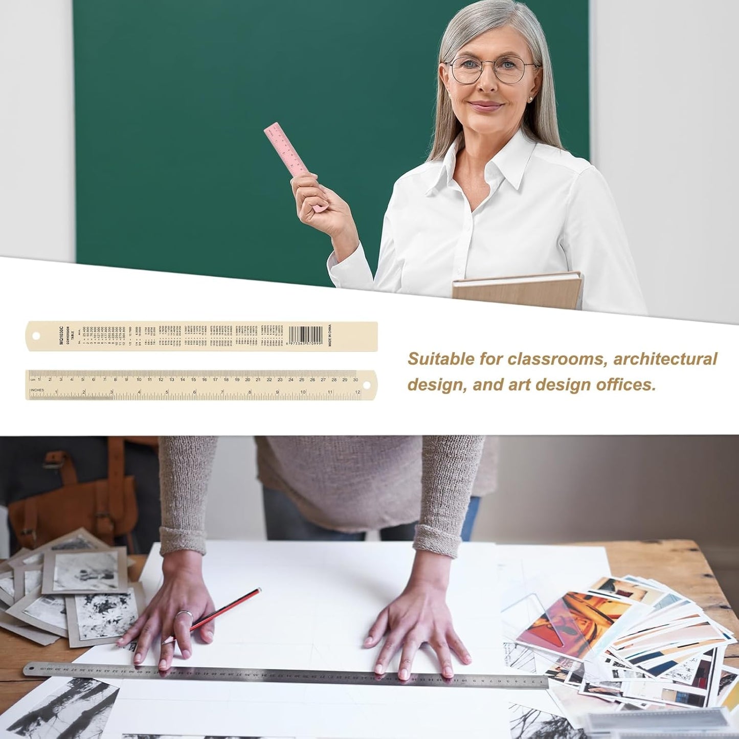 HARFINGTON 6pcs Metal Straight Ruler 30cm Metric SAE Aluminum Alloy Measuring Rulers Scale Tool with Hole for Measure Study Reading Classroom Office, Beige