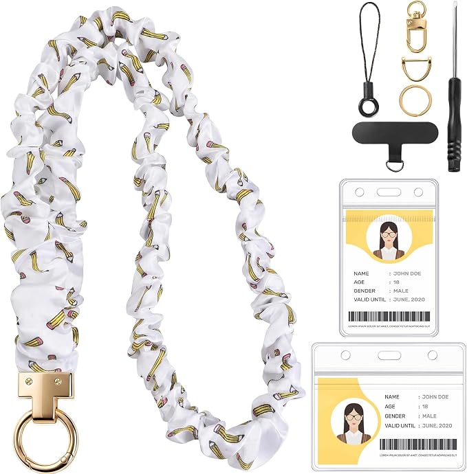 Prudiut Scrunchie Lanyard for ID Badges, Retractable Teacher Lanyards Stretchy Scrunchie Lanyard with ID Holder for Women (Pencil)