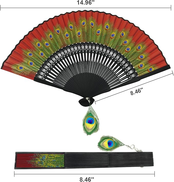 EOSAU Hand Fans for Women Foldable - Bamboo Silk Folding Fan Handheld, Fans for Line Dancing Wedding, Portable Bridal Party Favor, Elegant Church Performance Gift (Peacock Red)