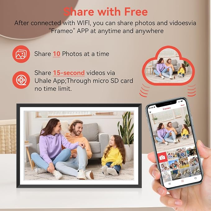 Frameo 10.1 inch Digital Picture Frame, Smart WiFi Digital Photo Frame with 32G Memory, HD Touch Screen, Auto-Rotate, Slideshow, Easy Setup, Share Photos and Videos Anywhere(Black)