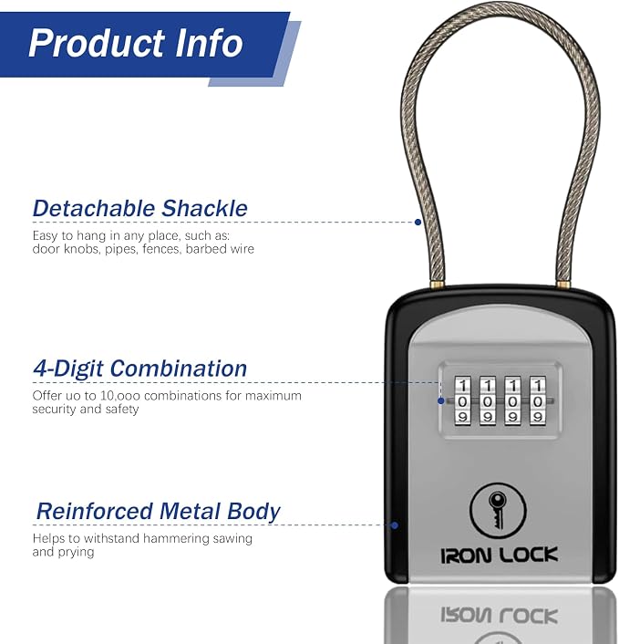 Iron Lock® Key Lock Box with Code, Portable Cable Shackle (Small, Grey) | Holds 2-3 house keys or an access card; 11-in steel cable loops on gate or rail; weather-resistant; no app or battery