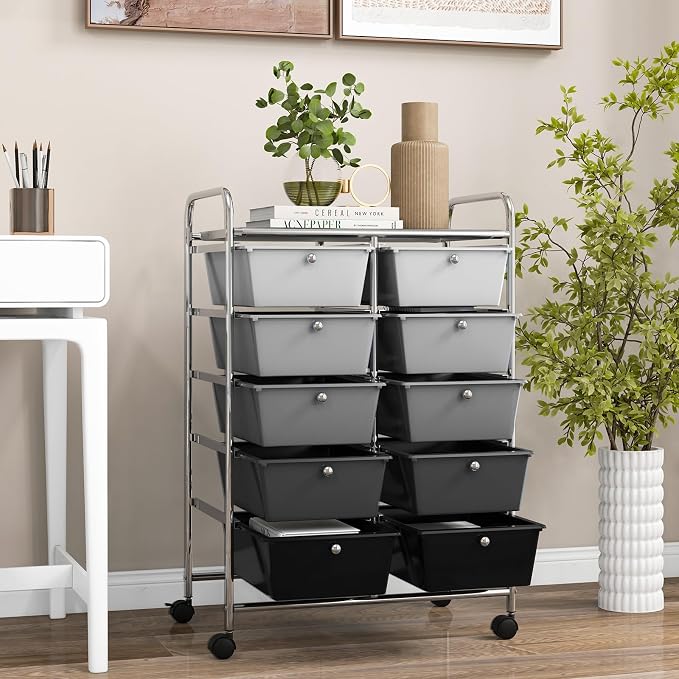 COSTWAY 10 Drawer Rolling Storage Cart, Utility Cart with Lockable Wheels | Mobile Art Supply Craft Organizer with Metal Frame, Multipurpose Drawer Cart for Paper for Office, School, Mixed Black