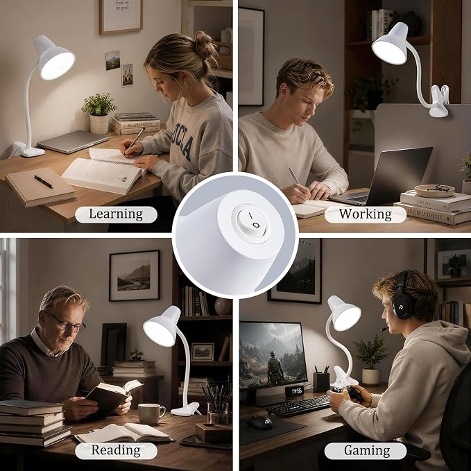 Clip On LED Desk Lamp, Flexible Arm, Eye-Caring Study Lamps for School Dorm | 4.5W Energy-Saving, Anti-tip Bedside Reading Light, Desk Lamps for College Dorm Room, Home Office, Modern Lamp with 1.6m Cord