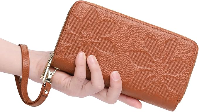 GOIACII Women's Wallet Large Capacity Double Zip Ladies Card Phone Holder RFID Blocking Wristlet Leather