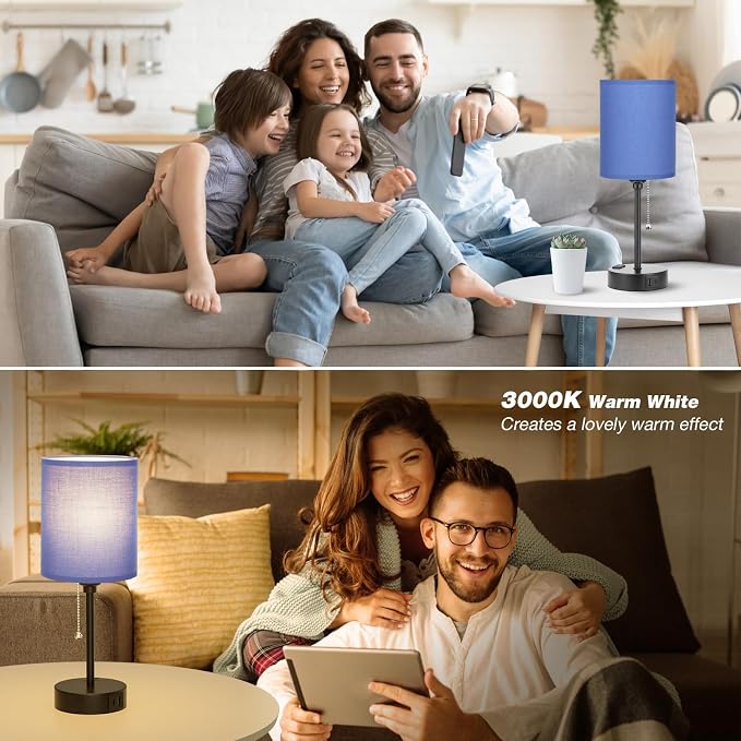 Small Bedside Table Lamp for Bedroom - Desk Lamp with USB Ports for Dorm | USB A+C Ports, AC Outlet, 3 Color Temperatures, LED Bulb Included, Navy Blue Shade, Matte Black Base, 14" Night Stand Lamp