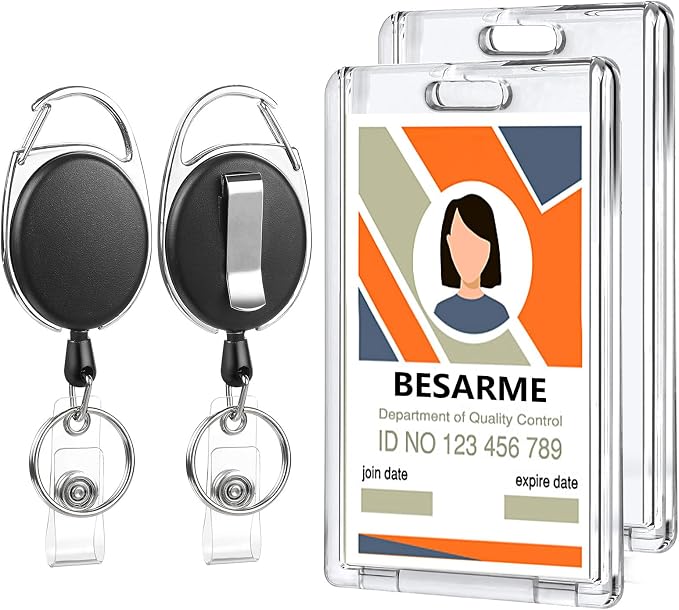2 Set Badge Holder Retractable Clip Heavy Duty Badge Reel with Acrylic Clear Vertical ID Card Badge Holders for Work Office Nurse Teacher Student