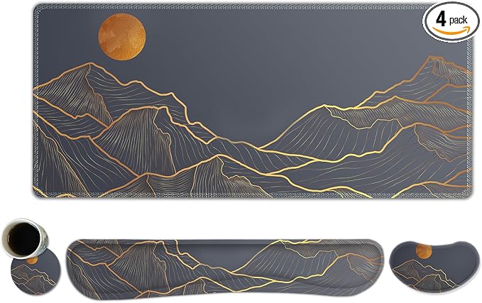 ToLuLu Extended Gaming Mouse Pad, Ergonomic Keyboard Mouse Wrist Rest Set | Large Desk Mat with Stitched Edges, Non-Slip Base Memory Foam Support Mousepad for Home Office and Game, Golden Mountain
