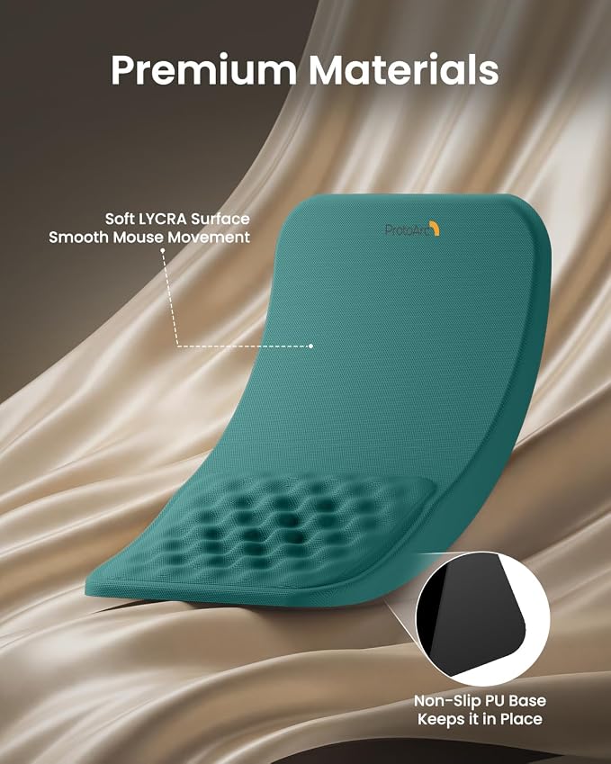ProtoArc MP50 Ergonomic Mouse Pad with Wrist Support, Lycra Surface, Green | 8° slope & massage points, soft memory foam, Large 12x8 Inches, Non-slip base. Relieves wrist strain for office & home