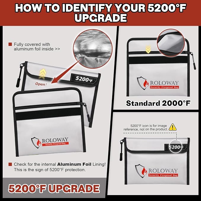 Fireproof Bag (9.6 x 6.6 inches) 5200℉ Heat Insulated, Fireproof Money Bag with Zipper for Cash (2-Pack)