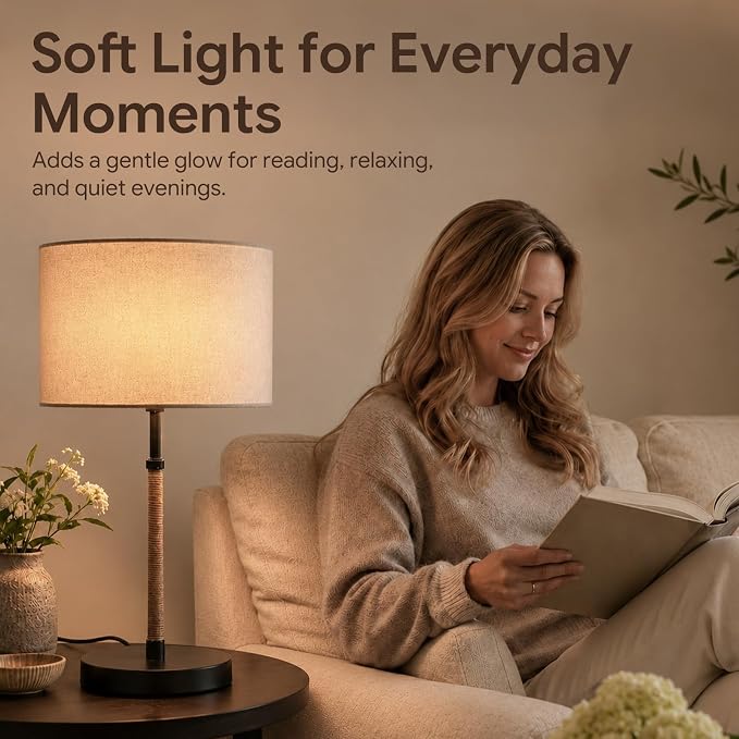 BySea Nordic Linen Desk Lamp, 21.1" Tall Metal Table Lamp for Living Room, Minimalist Bedside Nightstand Lamp with Fabric Drum Shade, Japandi Decor, Warm Yellow Light, 6.6ft Cord